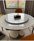 Premium Wood Lazy Susan Turntable For Dining Tables Featuring Silent 360 Degree Rotation Smooth Rolling Serving Tray on a marble table.