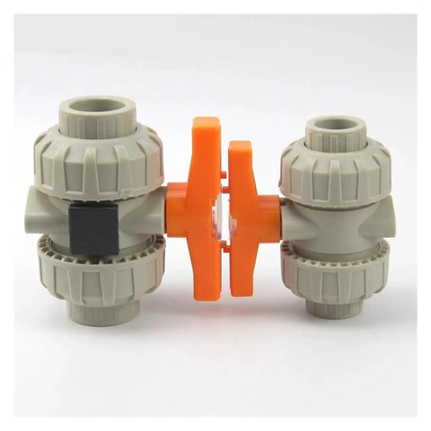 Heavy Duty Double True Union Ball Valve Slick Water Pipe Connector Pro Grade Industrial Plumbing Fittings with orange shut off switch.