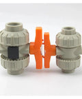 Double True Union Ball Valve 20 To 50 Millimeter Industrial Water Pipe Fitting Straight Up Built Different With Smooth Flow For Heavy Duty Plumbing And Hose Connections That Handle Any Job You Throw At It in gray plastic with orange handle.