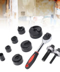 Beefy Heavy Duty Manual Punch Kit With Ratchet for Sheet Metal, 6 Punch Sizes from 22.5mm to 61.5mm, displayed with tools