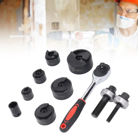 Beefy Heavy Duty Manual Punch Kit With Ratchet for Sheet Metal, 6 Punch Sizes from 22.5mm to 61.5mm, displayed with tools