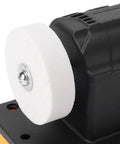 Hardcore Cordless Mini Bench Grinder compatible with 18V lithium batteries showcasing white polishing wheel and motor.