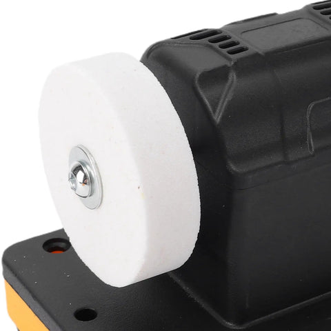 Close-up of Aolidsive Mini Bench Grinder 3 Inch Cordless Wheel Sander, featuring a white grinding wheel and black base.