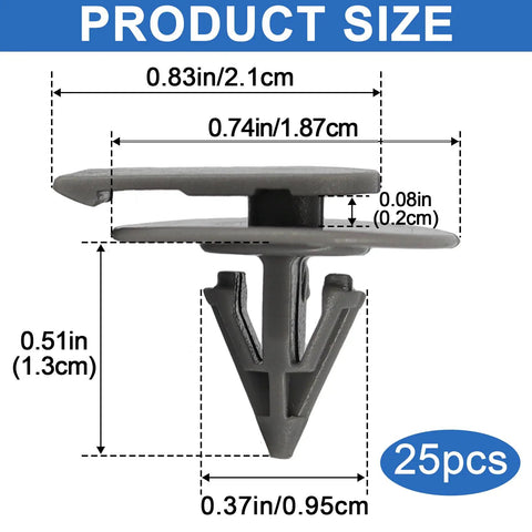 Product size chart for 25Pcs Wheel Arch Trim Clips For Mini Cooper R50 R52 R53 R56, OEM style grey fender clips