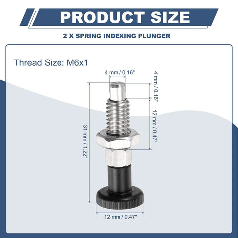 Pro Grade M6x1 Spring Return Plunger Set with dimensions, stainless body, ideal for secure device alignment in machining.