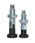 Dead Easy Stainless Steel 304 Index Plunger With Pull Ring And Lock Nut Screw Quick Acting Lock Pins Fits M6 M8 M10 M12 M16 Top Shelf Hardware Built To Take A Beating Daily with two sizes displayed.