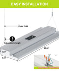 210W LED Linear High Bay Shop Light showing dimensions and easy installation features with hard-wired connection diagram