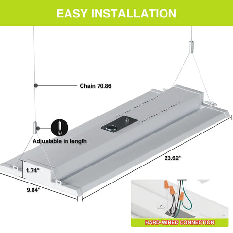 210W LED Linear High Bay Shop Light showing dimensions and easy installation features with hard-wired connection diagram