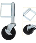 Heavy Duty Spring Loaded Gate Caster Wheel With Durable Shock Absorption For Fence And Backyard Gates Is A Solid Heavy Lifter Handles 75 Kilos Glides Slick Over Grass And Dirt close-up of metal caster wheel with black rubber tire.
