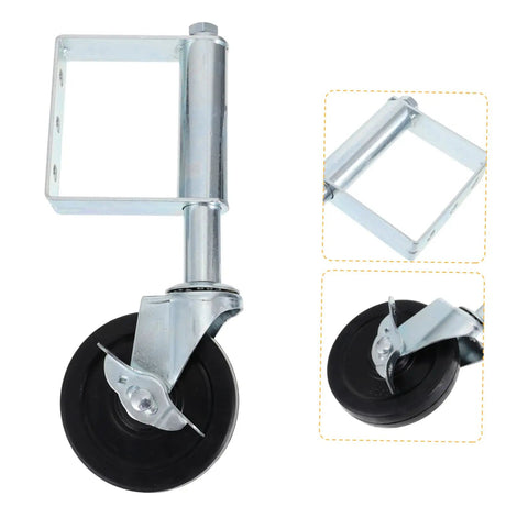 Heavy Duty Spring Loaded Gate Caster Wheel With Durable Shock Absorption For Fence And Backyard Gates Is A Solid Heavy Lifter Handles 75 Kilos Glides Slick Over Grass And Dirt close-up of metal caster wheel with black rubber tire.