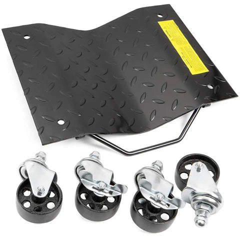 Four Pack Premium Badass Wheel Dollies For Moving Your Rig Rated At 6000 Lbs Capacity with steel sliders and rubber wheels.
