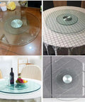 Large 43 Inch Lazy Susan Tempered Glass Turntable For Dining Table showcased on various table surfaces, highlighting its versatility.