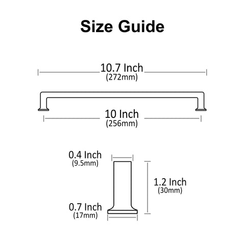Size guide illustrating dimensions for Straight Fire Brushed Gold Cabinet Pulls And Drawer Handles Six Pack.
