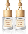Premium Hanging Car Air Freshener Diffuser Set, Two Pack Vanilla Cream Oil Dispenser With Wood Cap And Glass Bottle, two 8ml glass bottles.