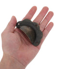 Super Sturdy Vintage Bronze Shell Cup Pulls For Cabinets And Drawers Dead Simple Install Iron Hardware Set held in hand.
