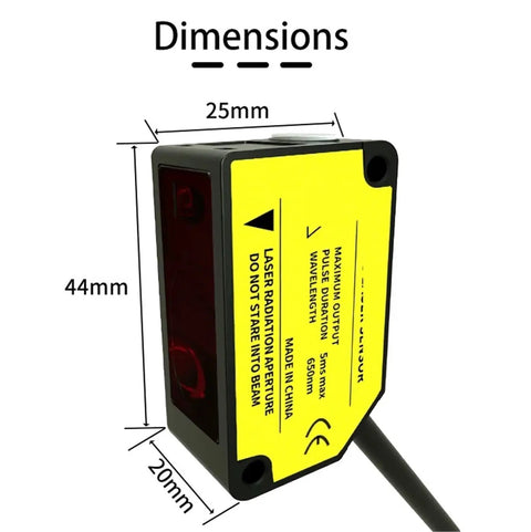 High Precision Laser Displacement Sensor With 200 Millimeter Range dimensions showing 25mm width and 44mm height, ideal for calibration gear.