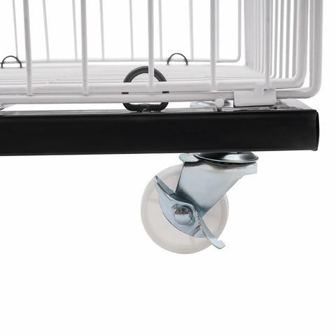 Close-up of caster wheel on Built Tough Five Tier Rolling Wire Display Rack With Heavy Duty Caster Wheels in white.