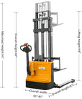 Fully Powered Electric Walkie Stacker With Adjustable Straddle Legs for Pallet Handling 3300 Pound Capacity Lifts Up To 118 Inches