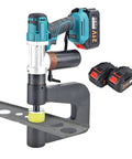 Pro-Grade Cordless Hydraulic Punch Kit With 6000mAh Battery, 150mm Throat Depth, shown with metal sheet punch