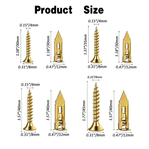 Image showing six variants of screws and drywall anchors from the 400 Pieces Self Drilling Drywall Anchors And Screws Set With Four Expansion Sizes In Zinc Plated Steel For Drywall Installation No Pre Drilling Required Easy To Install And Secure Heavy Objects, including measurements in millimeters and inches.