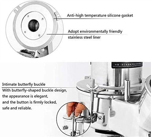 Close-up of Beast High Speed Electric Grain Grinder's stainless inner tank and butterfly buckle design.