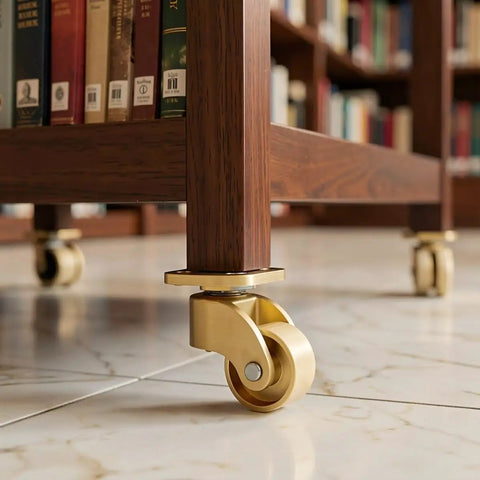 Heavy Duty Swivel Casters Four Pack Brass Furniture Wheels Silent Roll Protects Hardwood Floors Built Tough For Tables And Chairs Smooth Glide Rolling Hardware on library cart.