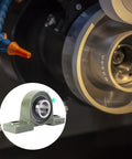 Heavy Hitter Cast Iron Pillow Block Bearing Kit Featuring Dual Bolt Flange Housing And Compact Two Hole Design For Cramped Workspaces And Daily Factory Production Lines mounted in machinery.