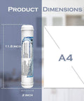 Kickass Two Pack Inline Water Filter One Quarter Inch Quick Connect Coconut Activated Carbon Block dimensions shown 11.8 x 2 inches.