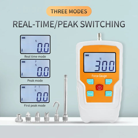 Hard Core Digital Force Gauge Push Pull Meter And Handheld Dynamometer displaying three modes and connectors for tension compression testing.