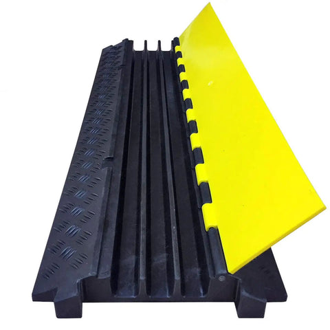 Low Profile 3 Channel Cable Protector Rubber Ramp With Black Base And Yellow Lid Indoor Outdoor Cord Cover For Power Cords Ethernet Cables And Small Hoses No Trip Hazard Keeps Cables Safe And Neat