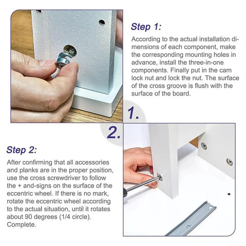 Hands installing Dead Tight Zinc Alloy Cam Lock Nuts For Cabinets And Drawers Heavy Duty Furniture Connector Fasteners.