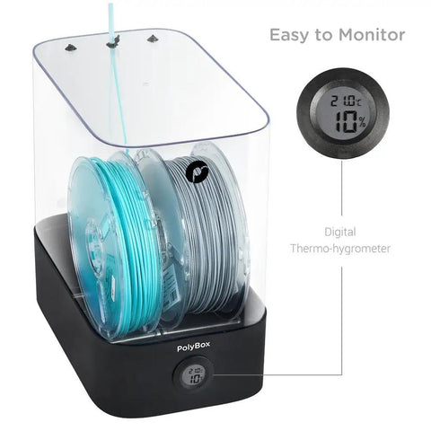 Heavy Duty Spool Case Keep Your 3D Filament Squeaky Dry By Blocking Humidity To Dodge Stringing And Keep Prints Flawless Across Every Project Made Tough For Everyday One And Three Kilogram Reels with digital hygrometer and two spools inside.