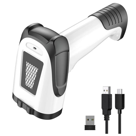 2D Handheld Wireless Barcode Scanner With Stand 3 In 1 Bluetooth Barcode And QR Scanner For Inventory Control No Fuss Cordless Rechargeable 1D And 2D Codes USB Barcode And QR Scanner, showing USB cables and dongle.