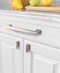 10 Pack Brushed Satin Nickel Cabinet Pulls 7 Inch Hole Centers installed on white kitchen cabinets with lemons on counter