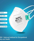 NIOSH Approved N95 Mask Particulate Respirators showing brand, model, and approval details with ear loops and nose clip.