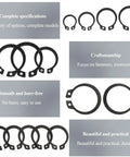 Durable 100 Pcs External Retaining Ring Snap Kit With Heavy Duty 65Mn Spring Steel Black Plated C-Type E-Rings in various sizes.