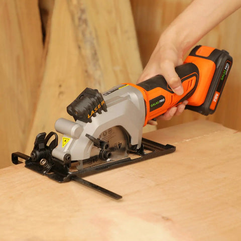 Compact Cordless Mini Circular Saw 20V Battery Powered With Blazing 3400 RPM Motor used on wooden surface for precise cutting.