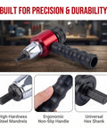 Transform Your Cordless Drill Into A Badass Electric Rivet Gun Kit featuring no sweat quick swap blind rivet adapter with ergonomic handle.