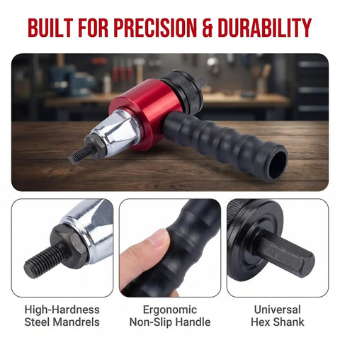 Transform Your Cordless Drill Into A Badass Electric Rivet Gun Kit featuring no sweat quick swap blind rivet adapter with ergonomic handle.