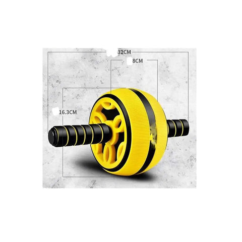 Rock Solid Ab Roller Wheel Detachable Core Crusher, 32cm wide, black and yellow, designed for portable exercise and easy assembly.