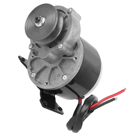 12V DC Geared Motor 250W With Belt Pulley Featuring Pure Copper Windings For Screaming Torque And Whisper Quiet Operation, side view with wiring.