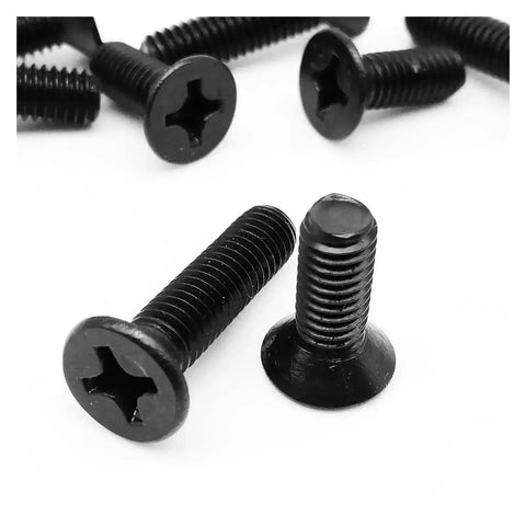Rock Solid Black Carbon Steel Phillips Countersunk Head Screws M2x10mm 100 Piece Pack on white background.