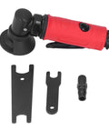 Heavy Duty Two Inch Pneumatic Angle Grinder Built Like A Tank With Durable Zinc Alloy Frame And Smooth Grip Design For Zero Hassle Rust Removal And Quick Metal Cutting Jobs with red soft grip and accessories.