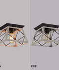 Rustic Farmhouse Flush Mount Ceiling Light Fixture With Wrought Iron Oak White Accents And ORB Details, light on and off