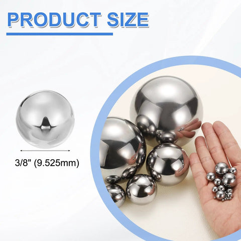 Twenty Five Piece Set Of Dead Nuts G16 Grade Chrome Steel Bearing Balls Three Eighth Inch Diameter With Slick Mirror Polish Finish Ready To Roll In Any Auto Or Heavy Machinery Diy Build, showing size comparison with hand.