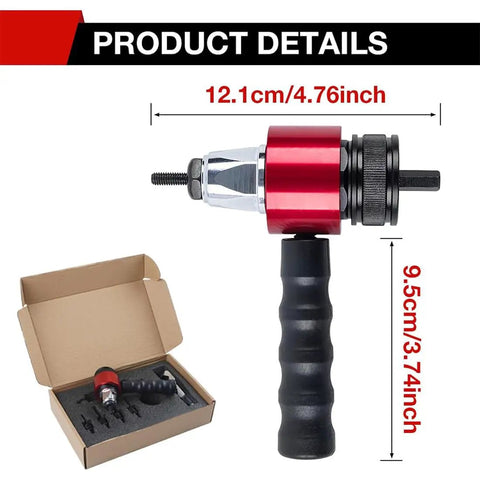 Heavy Duty M3 Through M8 Electric Rivet Gun Adapter Kit showing red and black cordless drill attachment with hardcase storage.