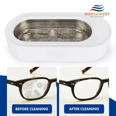 Front view of white Northwest Enterprises ultrasonic eyeglass cleaner with glasses inside; before/after cleaning panels.