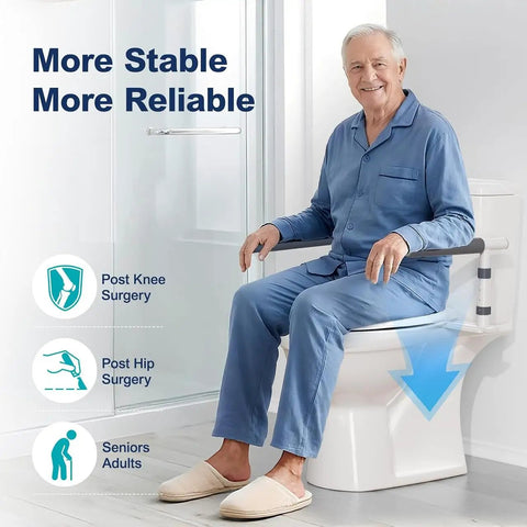 Elderly man using Bulletproof Over Toilet Safety Rails delivering heavy duty support for bathroom handicap assist.