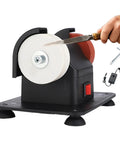 Heavy Duty Mini Bench Grinder Packed With Dual Grinding Wheels For Sharpening And Deburring Compact Tabletop Sander showing sharp knife being used.