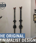 Clear Acrylic Ski Wall Mount 2 Pack Vertical Storage Rack Indoor Display Holder with skis mounted on wall.